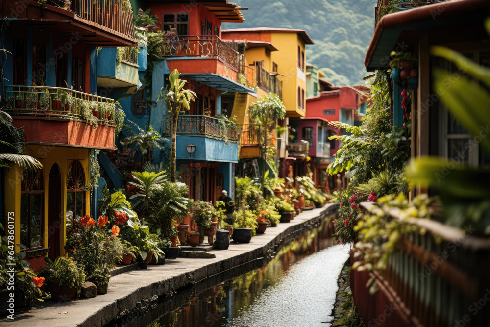 Colorful buildings nestled amidst a lush tropical jungle backdrop.  Generative AI.