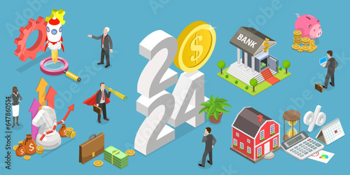 3D Isometric Flat Vector Conceptual Illustration of New Year 2024 And Investment Strategy, Financial Management And Business Growth