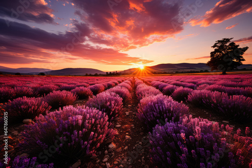 Vast expanses of lavender fields stretching as far as the eye can see  creating a breathtaking purple landscape. Generative AI.