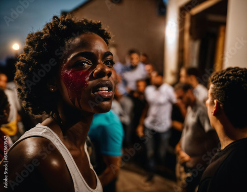 photo of rage angry black teenage college girl fighting the other with wound on face, generative AI © Pathompong