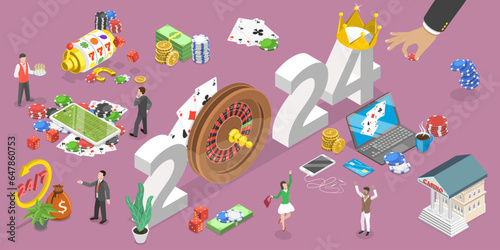 3D Isometric Flat Vector Conceptual Illustration of New Year 2024 And Online Casino Industry Trends, Digital Gambling Platform