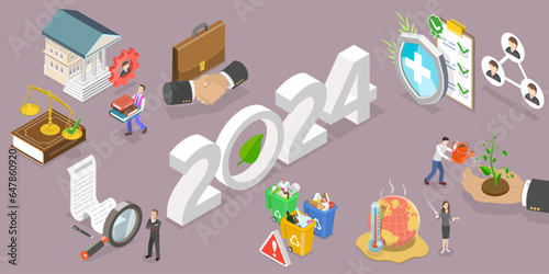 3D Isometric Flat Vector Conceptual Illustration of New Year 2024 And ESG Trends, Environmental, Social And Corporate Governance