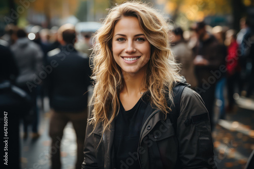 A young, happy, and confident female entrepreneur stands outdoors on a street, arms crossed, exuding positivity and professionalism while looking at the camera. Generative AI.
