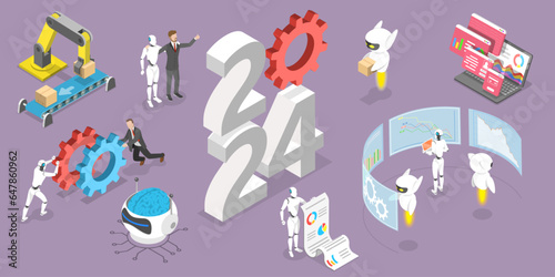 3D Isometric Flat Vector Conceptual Illustration of New Year 2024 And Robotic Process Automation Trends  RPA Innovation Technologies