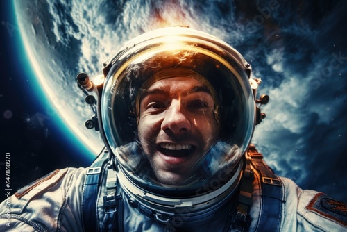 Happy astronaut in space taking a selfie.