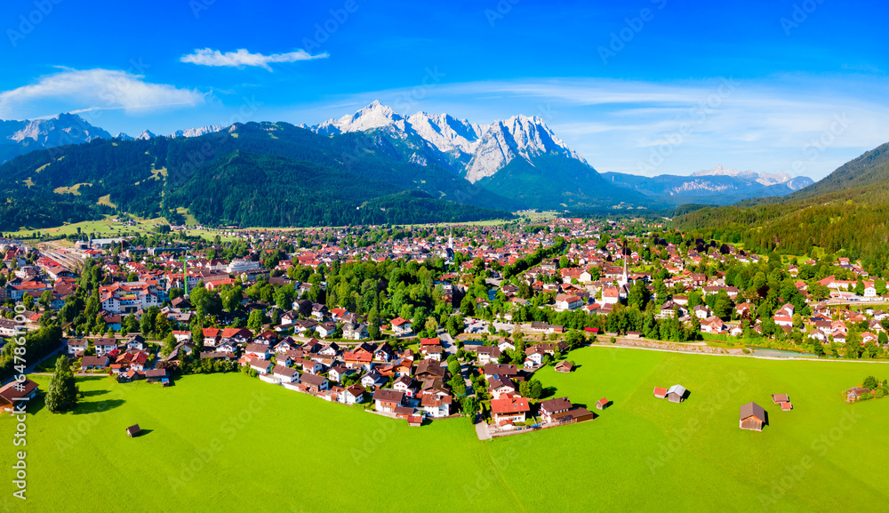 Garmisch-partenkirchen town aerial panoramic view, Germany - obrazy, fototapety, plakaty 
