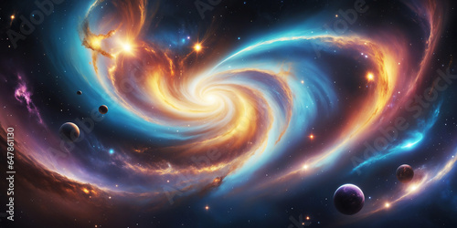 colorful space art galaxy swirl with stars and planets