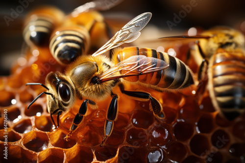 A detailed close-up of a beehive, with bees coming and going in their diligent work. Generative Ai. © Sebastian