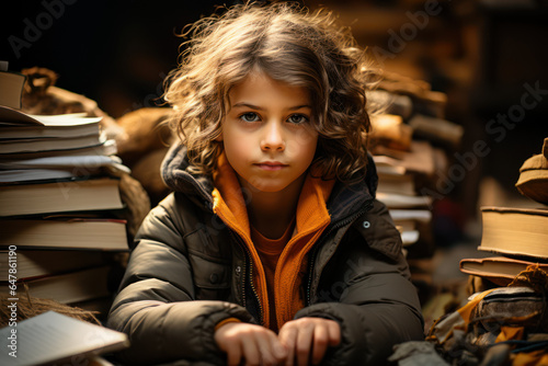 A child engrossed in reading a book, with a stack of other books beside them. Generative Ai.