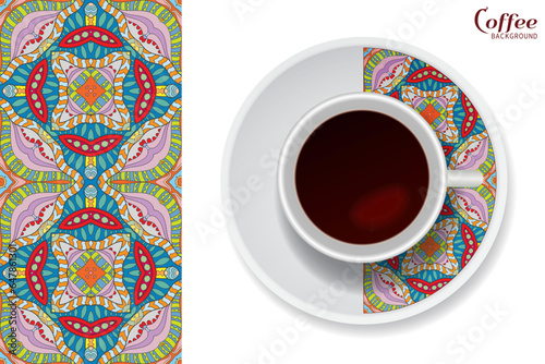 Cup of coffee with colorful ornament on a saucer and vertical seamless floral geometric pattern. Business coffee break concept, interior design background. Isolated coffee cup and plate decor element © Liubov