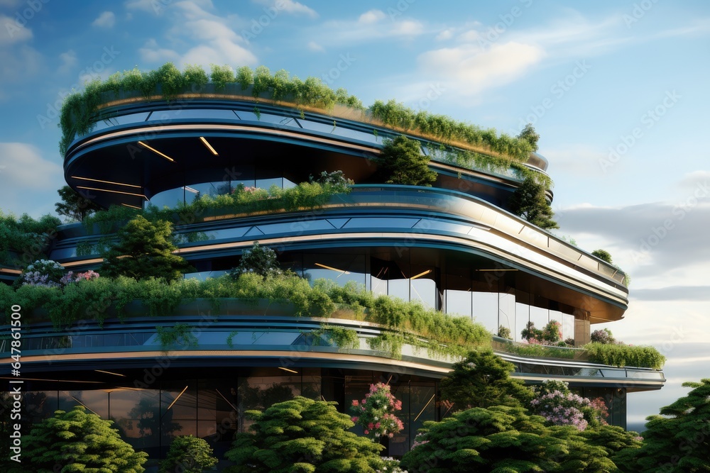 Modern building with a vertical garden. Environmental awareness and protection concept.