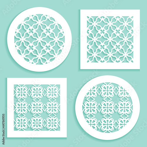 Templates for laser cutting, plotter cutting, printing. Round and square line patterns. Geometric design cut out of paper. Mandala Islamic die cut ornament. Fretwork panels, cutout silhouette stencils