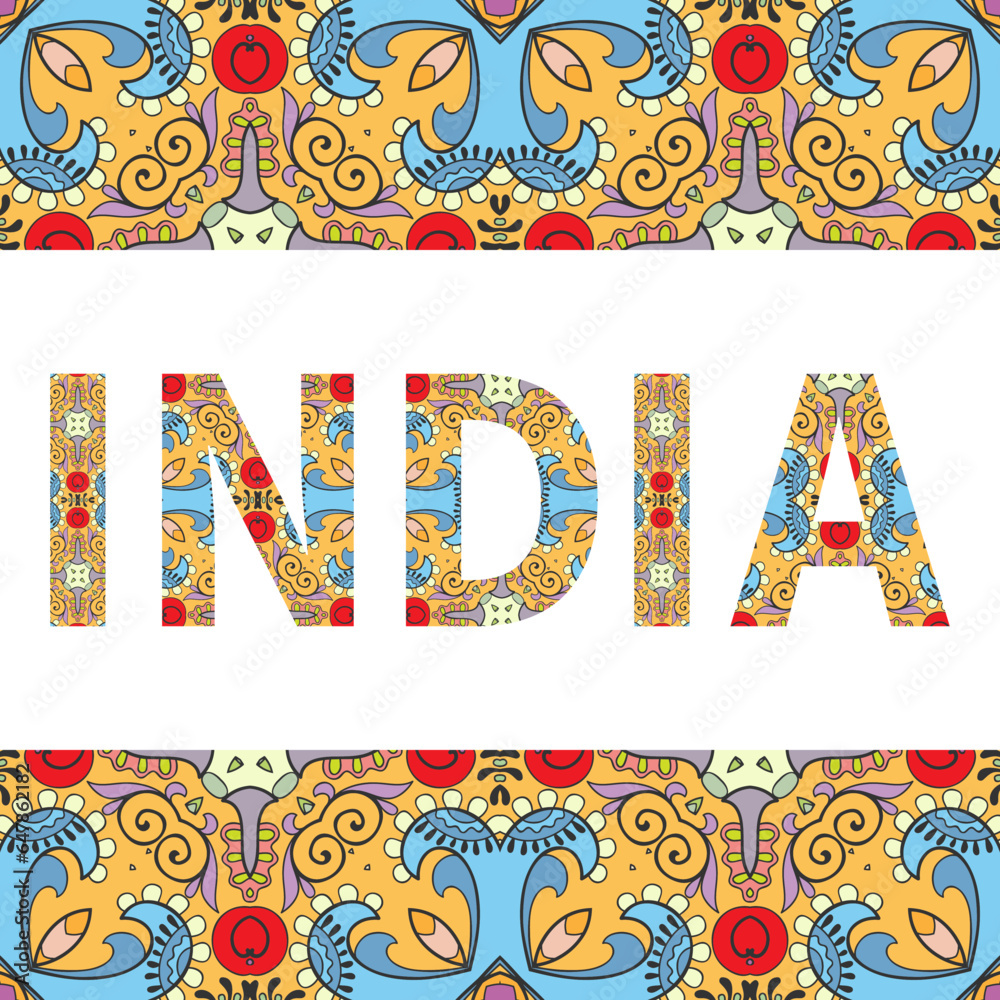 India sign lettering with tribal ethnic ornament. Decorative letters ...