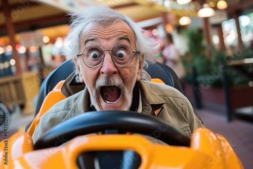 Funny elderly man with an astonished and surprised look has fun on a bumper car. Generative AI © piai