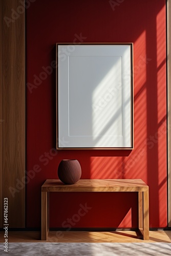 Vertical Wooden Picture Frame on a Red Wall with wooden bench. .