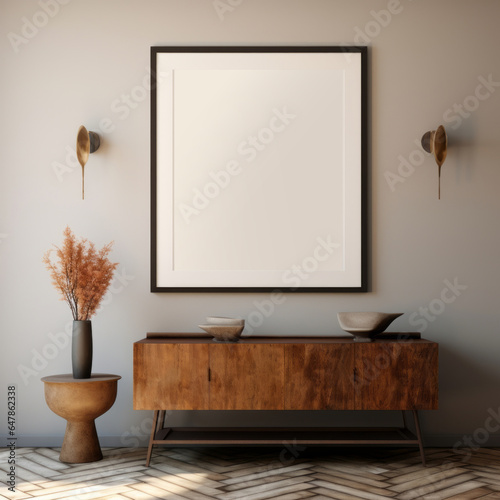 Interior of a room with a blank picture wooden frame and furniture.