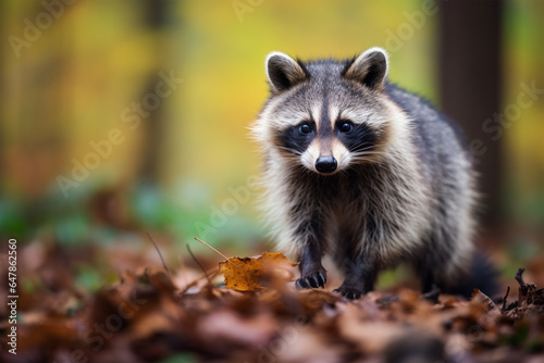 Wild racoon in forest with copy space