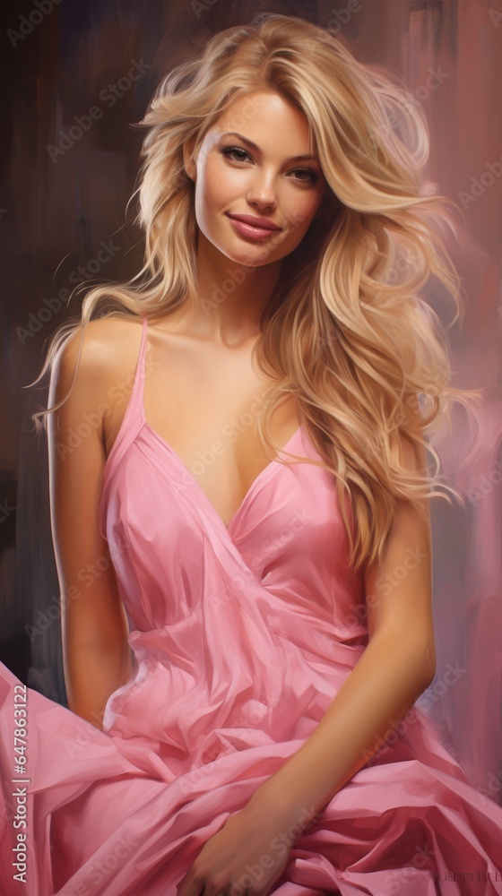 Obraz premium Very beautiful blonde woman with wavy long hair smiling in a delicate pink dress