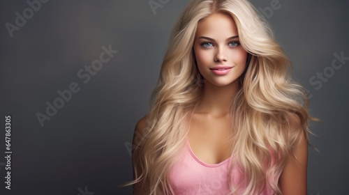 Portrait of a very cute beautiful blonde girl with long hair on a gray background