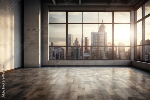 Empty luxury penthouse apartment with glass front and a beautiful view. photo