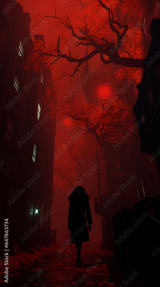A woman walks down a street with gnarled trees surrounded by an apocalyptic suffocating reddish haze A woman walks down a street with gnarled trees surrounded by an apocalyptic suffocating reddish haze