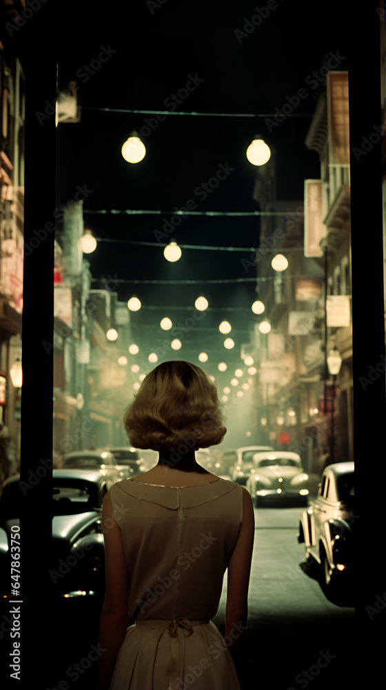 Woman in a white dress and a bob haircut walks down a street at night during the 1950s