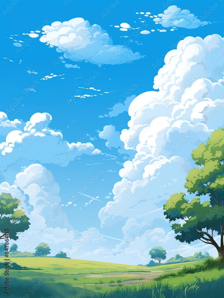 Blue sky with clouds. Anime style background with shining sun and white fluffy clouds. Sunny day sky scene cartoon vector illustration. Heavens with bright weather, summer season outdoor, Generative 