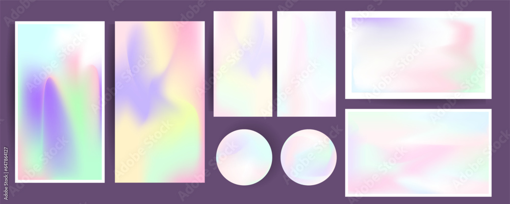 Gradient The 3D Memphis Style mesh cover set of backgrounds The Clean Style texture foil pearl shades. Abstract 3D gradient with holographic foil. 90s, 80s retro style