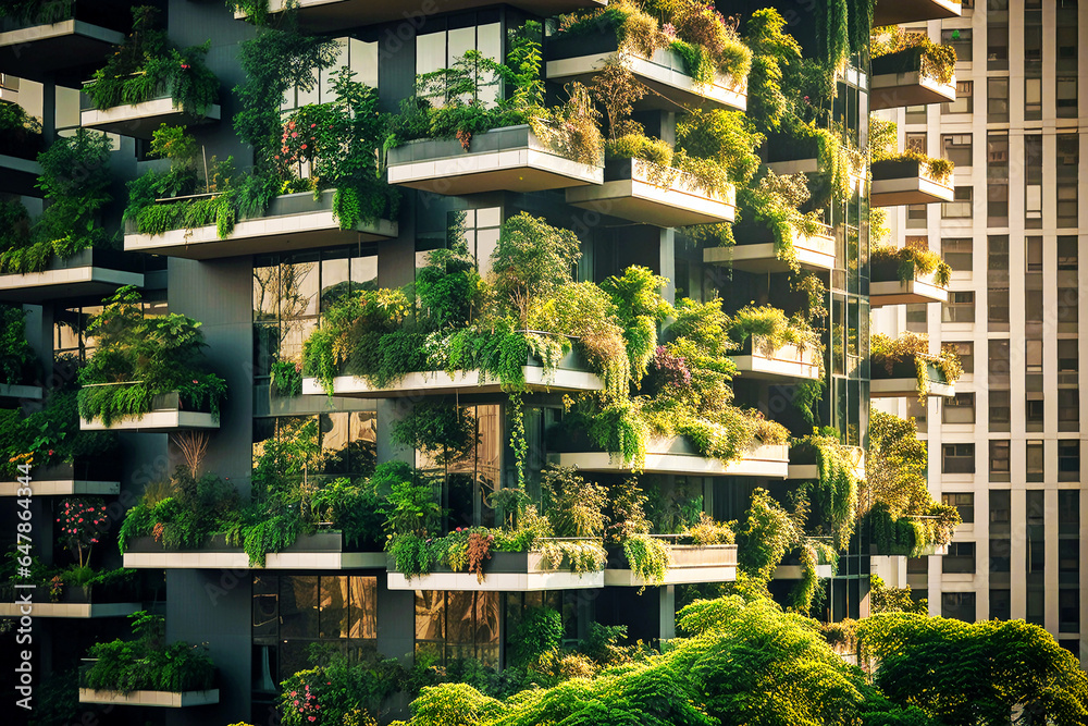 Close-up of modern green building concept with dense vegetation gardens on balconies. Sustainable urban city.