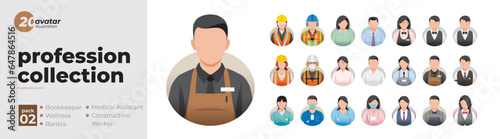 Profession collection profile avatar icons. Set of illustrations of people in various professions. Bookkeeper, waitress, barista, medical assistant, construction worker. Flat style vector design