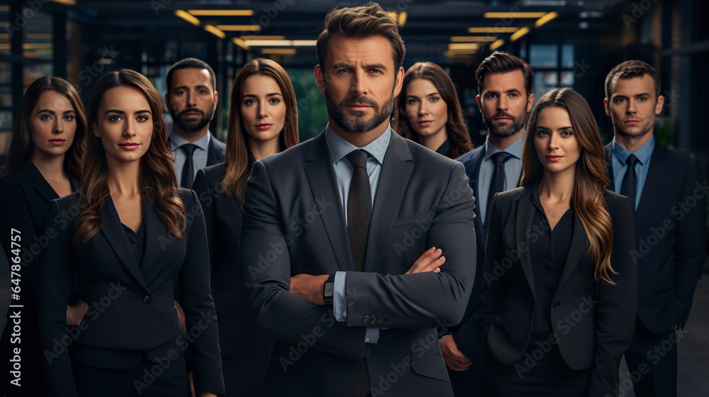 A confident business team posing with their leader. Work team with determined and confident expressions. Leader and synergy and professionalism towards his team. A confident business team posing with their leader. Work team with determined and confident expressions. Leader and synergy and professionalism towards his team.