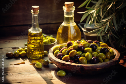 Natural olives with bottles of olive oil on an old wooden table