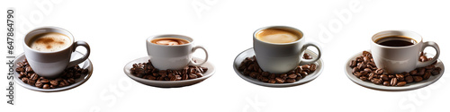 Png Set A dark coffee in a white cup sits on a transparent background encircled by coffee beans