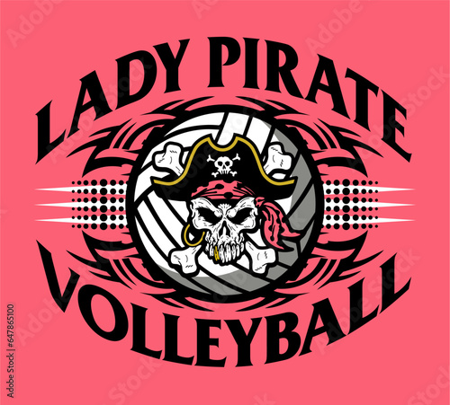 tribal lady pirate volleyball team design with mascot inside ball for school, college or league sports