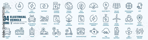 Electric cars icons set. Such as power station, fast charging, parking, socket, car and battery charge and others. editable vector stroke