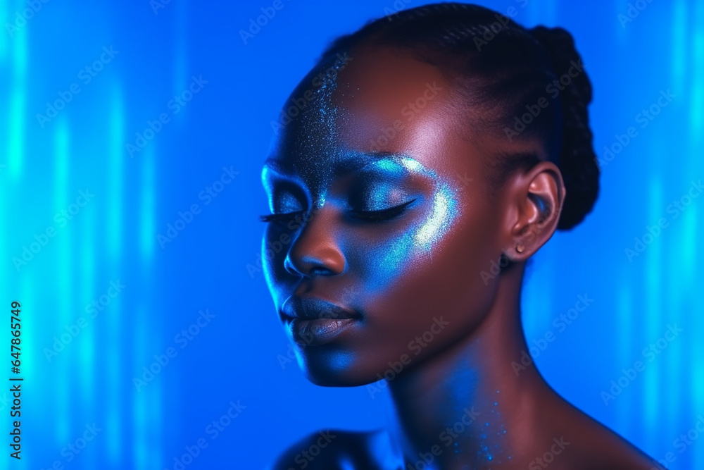 Pretty young afro-american model woman on the neon effect background. Generative AI