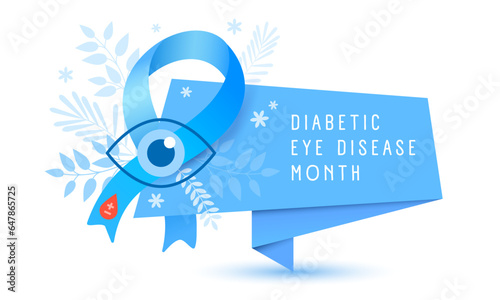 Diabetic Eye Disease Month. Eye, blue ribbon and red blood drop. Paper banner sign. Medical vector illustration. Health care