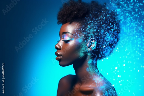 Profile of a pretty young afro-american woman on the neon effect background. Generative AI