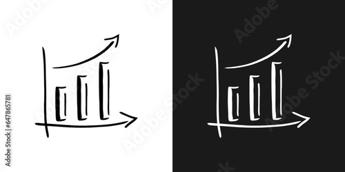 Growing graph, bar chart, doodle icon in black and white colors. Hand drawn graph icon. Vector EPS 10