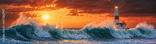 background for dual monitors, ocean sunset with stormy sea, waves, foam, and lighthouse