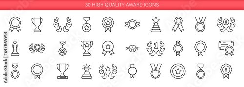 Awards linear icons set. Awards for winners in competitions, sports, contests. Cup, medal, crown, statuette, certificate icons. Vector EPS 10