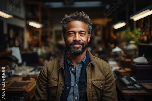 Happy African American, owner of his business. A businessman proudly and smiling looks at the success of his business. Generative Ai.