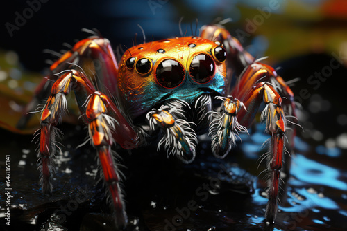 Close-up of the spider's head and beautiful eyes emerging. Nature beauty concept. Generative Ai.