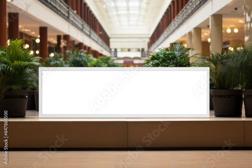 Promotion banner with isolated white color in shopping mall. Advertising mockup. Background as copy space or blank