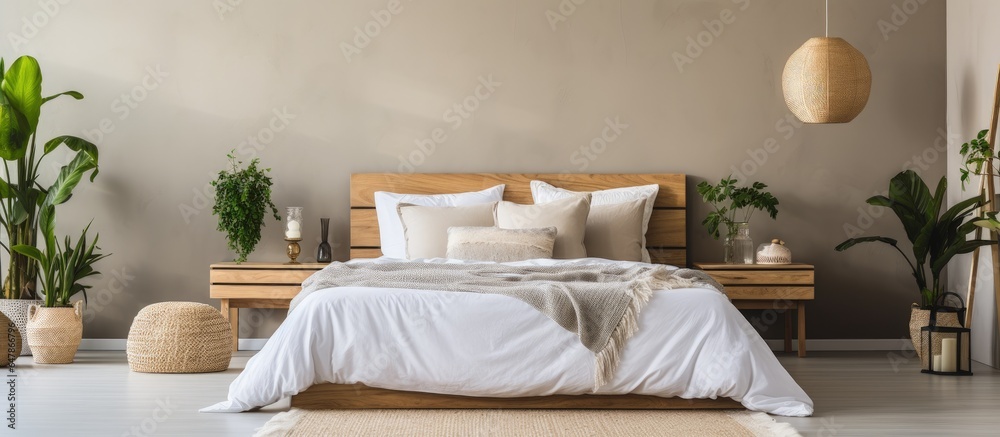Cozy bedroom with plants and wooden tables adorned with a beige king size bed and pillows Cozy bedroom with plants and wooden tables adorned with a beige king size bed and pillows