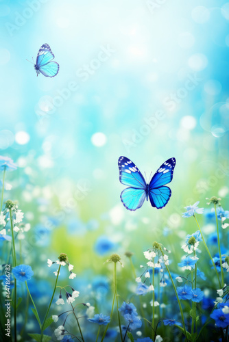 Spring meadow with blue flowers and flying butterflies, with space for text © Guido Amrein