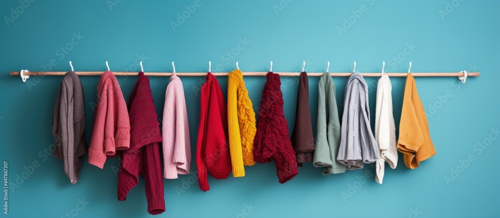 Multicolored yarn covered hangers on coat rack against pale blue wall