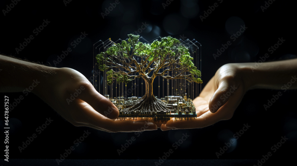 two hands hold a computer circuit chip board with the tree concept of green computing, green technology, green IT, and IT ethics. - obrazy, fototapety, plakaty 