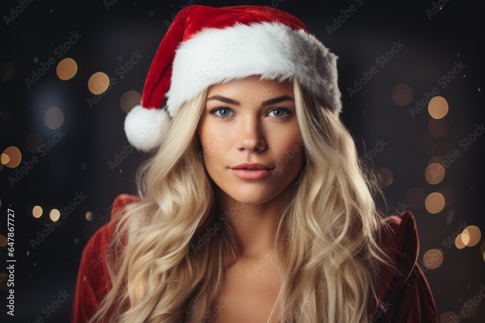 Portrait of a beautiful woman wearing a red Santa hat Portrait of a beautiful woman wearing a red Santa hat