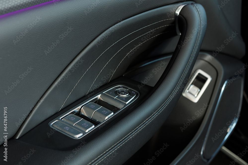 Close up photo of the premium-segment car door inner panel with Hi-Fi speaker. Metal buttons of the window risers panel on the door armrest